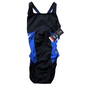 Speedo Endurance Size 30 Black Blue Racerback Swimsuit NWT